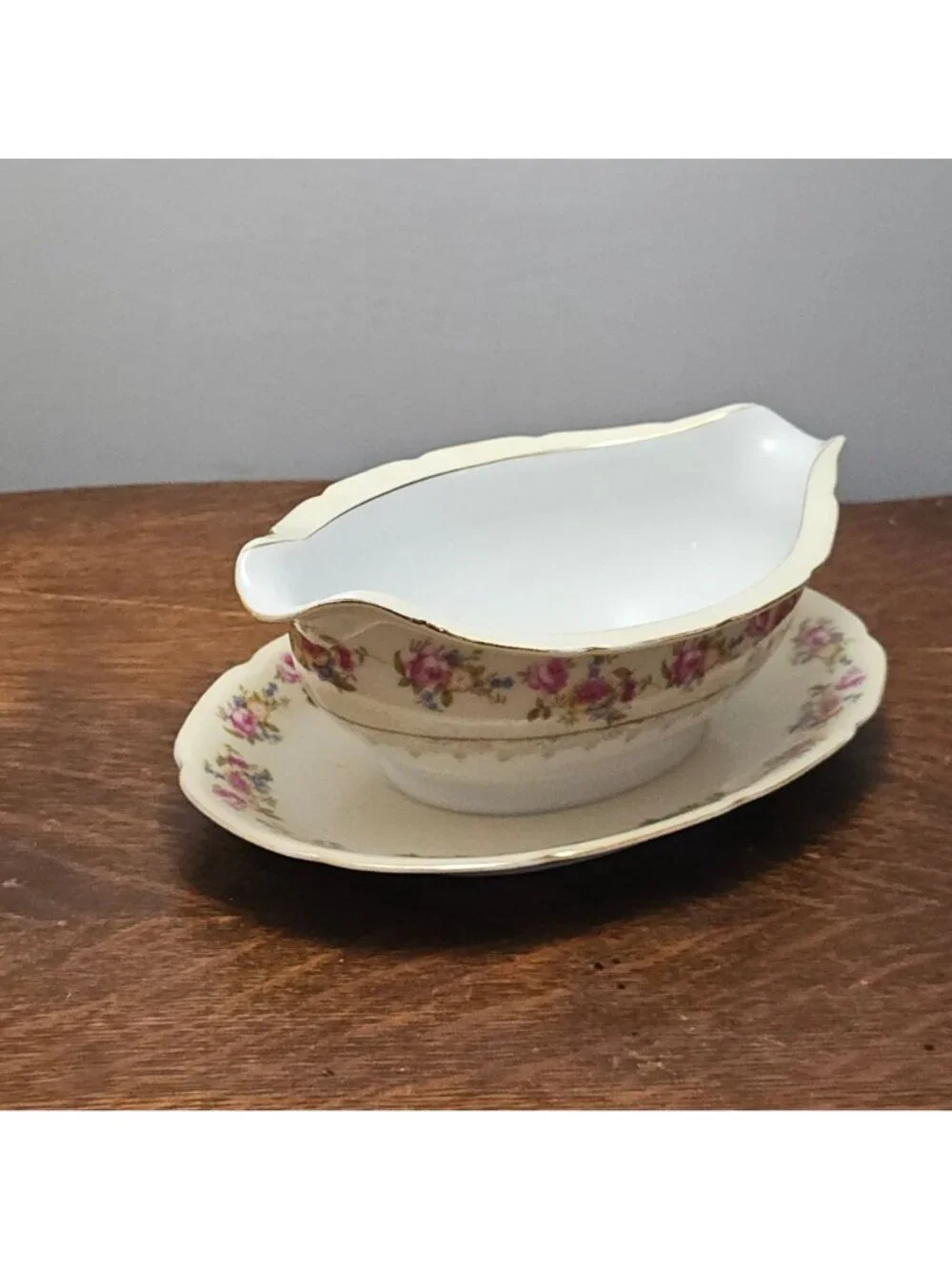 Gold Castle Hostess Gravy Boat 40s Occupied Japan vtg floral cabbage rose gold